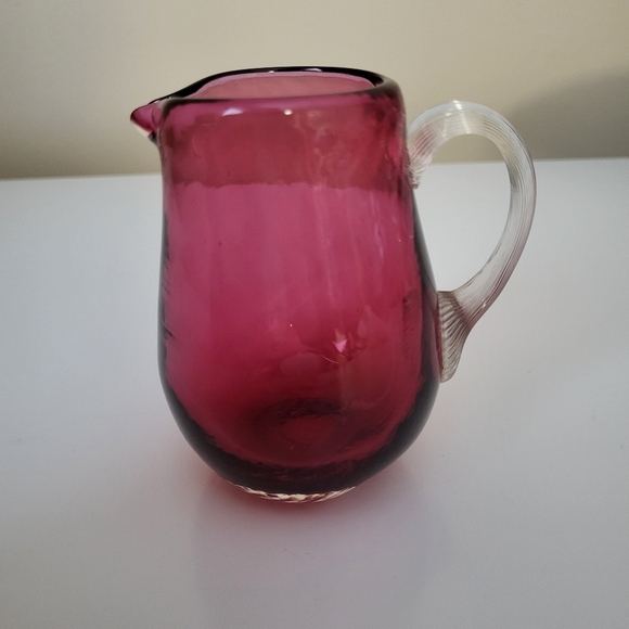 Vintage Small Cranberry Optic Blown Glass Pitcher with Applied Clear Handle - Picture 7 of 15